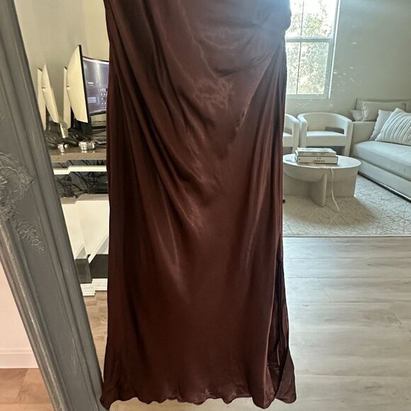 Zara Brown Surplice V-neck Satin Slip Midi Dress Side Slit Size Small - Picture 7 of 12